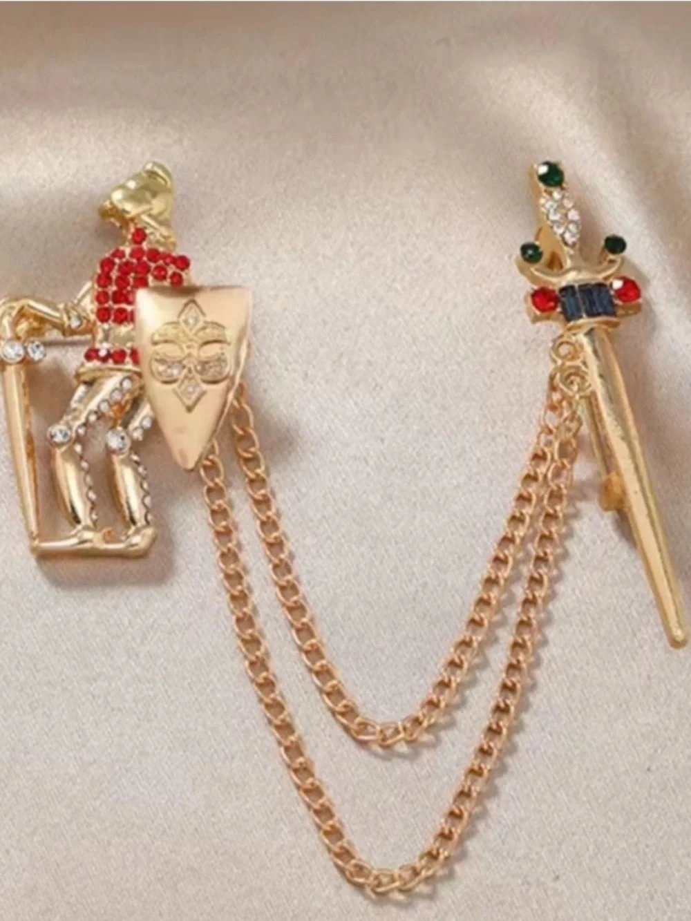 Gold Knight and Sword Chain Brooch